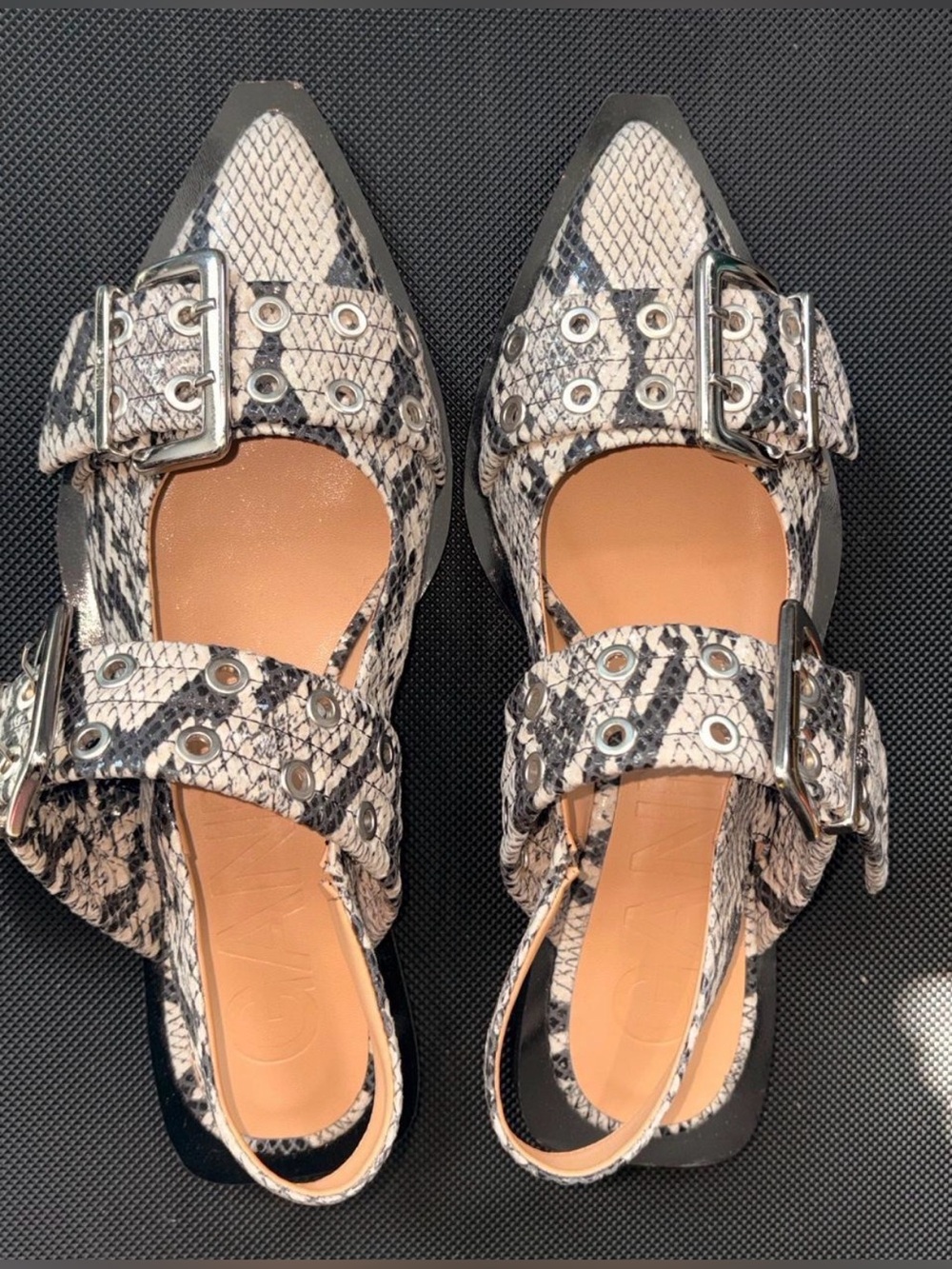 Ganni Snakeskin-Effect Buckled Slingback Pointed Toe Flats Size 38/US 8